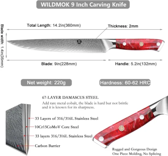 Damas couteau à découper couteau à viande pointu professionnel 23cm super vg10 couteau de cuisine multifonction à manche complet en acier japonais Mains en Résine Rouge