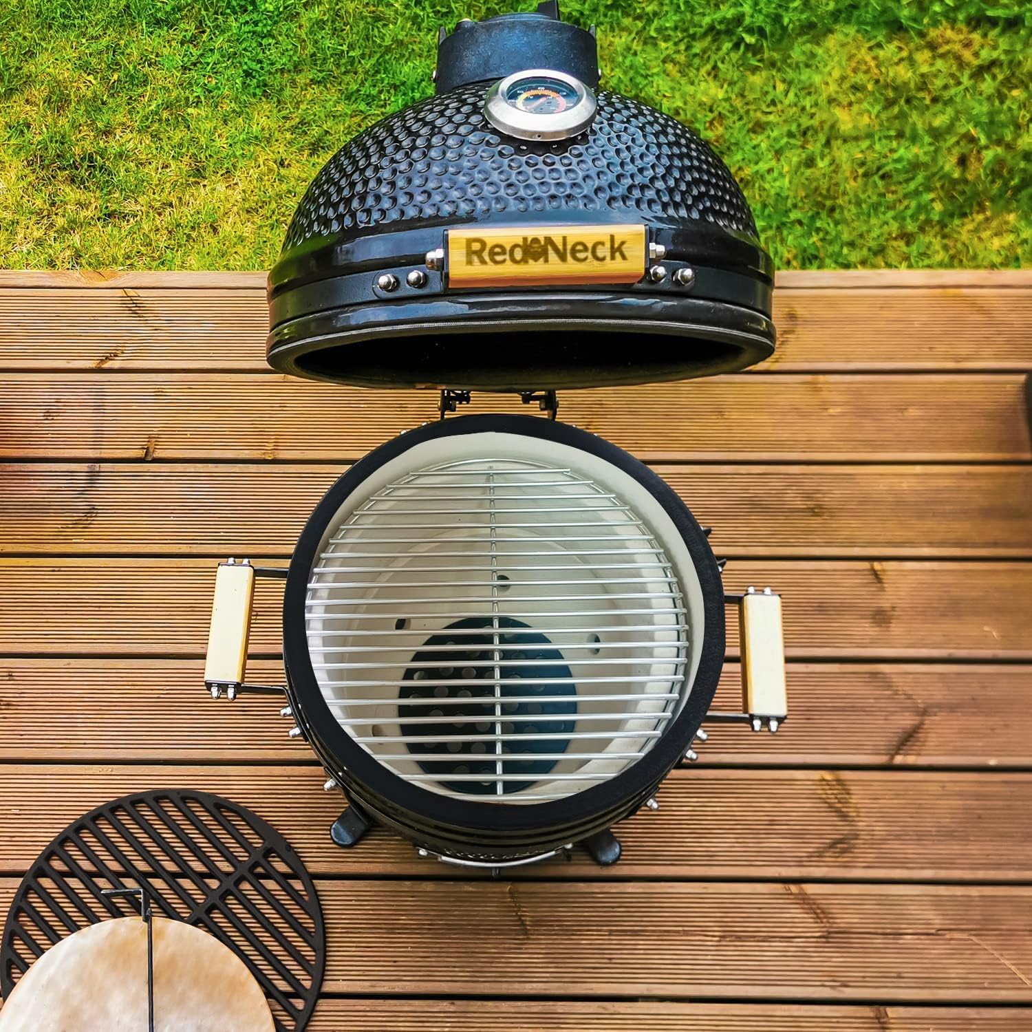 RedNeck Barbecue de Table en céramique Kamado 14" Pro - Barbecue en céramique Professionnel avec Surface de Cuisson 30 cm et poignée en Bambou - Compartiment fumoir et copeaux, châssis en Fonte