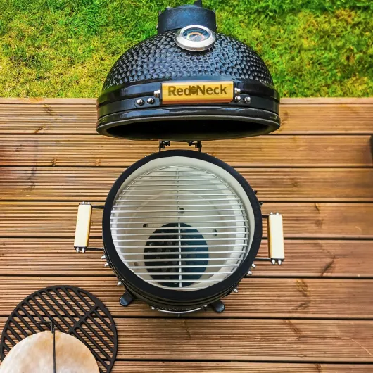 RedNeck Barbecue de Table en céramique Kamado 14" Pro - Barbecue en céramique Professionnel avec Surface de Cuisson 30 cm et poignée en Bambou - Compartiment fumoir et copeaux, châssis en Fonte