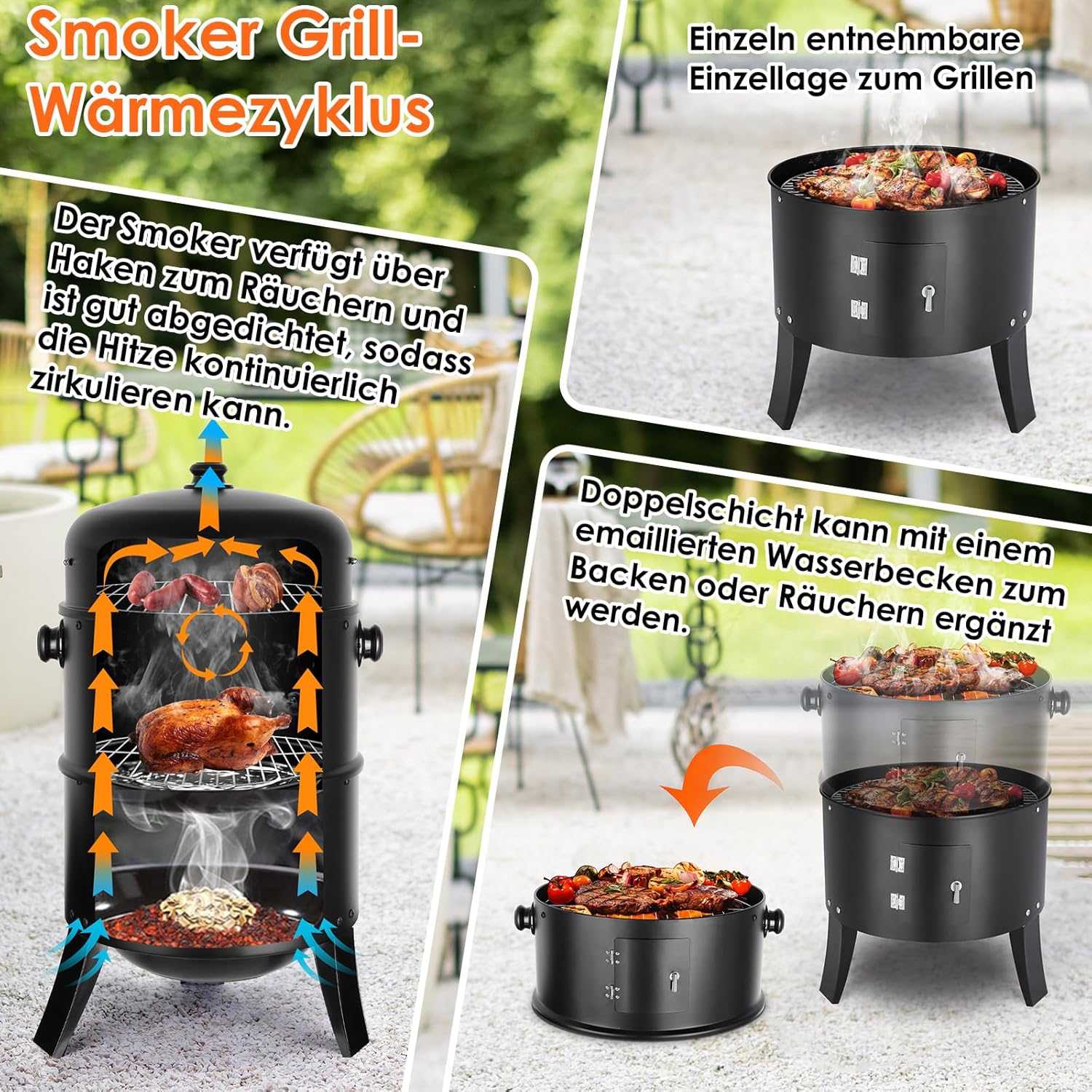 Fumoir 3 en 1, Smoker Fumoir, Barbecue Charbon de Bois, Ø44,5 x 80 cm, Avec Évacuation d'air Réglable et Thermomètre, 2 Grilles Inox, Barbecue Smoker pour Fumer, Griller et Cuisiner