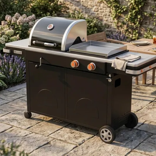 BRASERO BY FAVEX – Bi‑Energy L – Plancha gaz et barbecue charbon – 2 x 3,6 kW – plaque inox 49 x 42 cm – grille 48 x 42 cm – réglage charbon par manivelle – 10 à 12 convives
