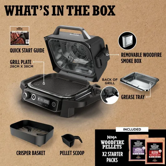 Woodfire Electric BBQ Grill & Smoker, 7-in-1 Outdoor Barbecue Grill & Air Fryer, Roast, Bake, Dehydrate, Uses Woodfire Pellets, Non-Stick, Portable, Gift for her / him, Grey/Black, OG701UK grill extérieur UK Gris/Noir