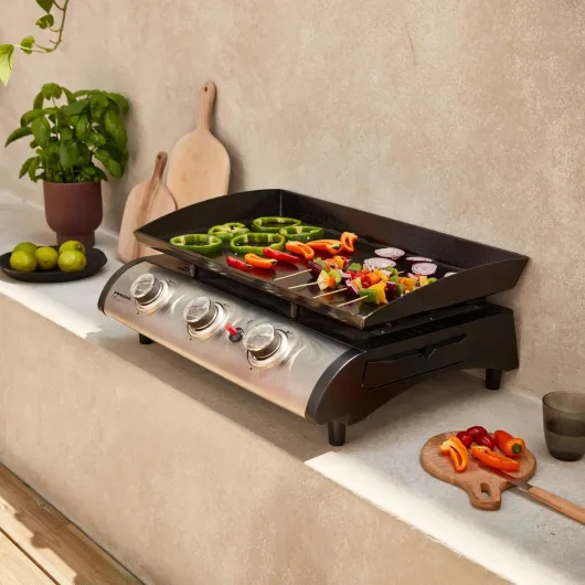 Alice's Garden - Plancha au gaz 3 Feux - Porthos 3 brûleurs - 7.5 KW - Barbecue - Cuisine extérieure - Grande Plaque émaillée - INOX Noir