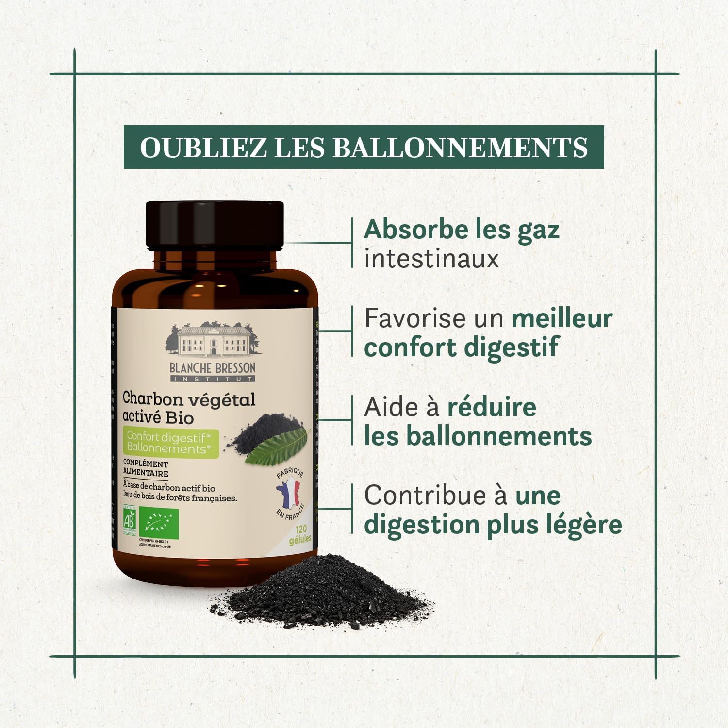 BLANCHE BRESSON - Charbon Végétal Activé BIO - Confort Digestif & Ballonnements - Troubles Digestifs, Lourdeurs Abdominales, Flatulences - 240 gélules - Cure de 60 jours - Fabriqué en France 1 unité (Lot de 240)
