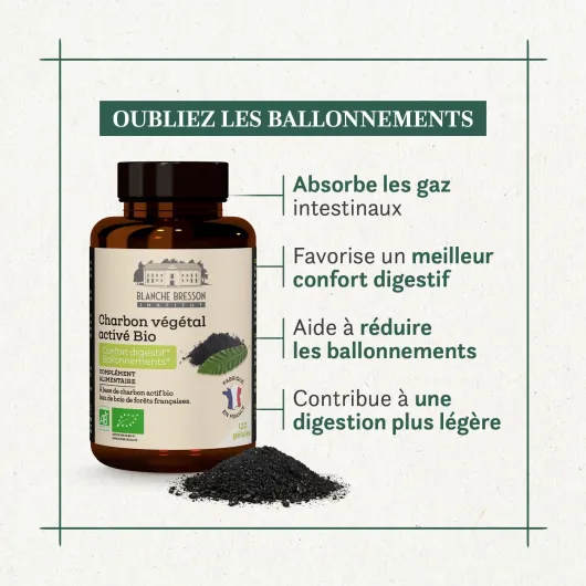 BLANCHE BRESSON - Charbon Végétal Activé BIO - Confort Digestif & Ballonnements - Troubles Digestifs, Lourdeurs Abdominales, Flatulences - 240 gélules - Cure de 60 jours - Fabriqué en France 1 unité (Lot de 240)