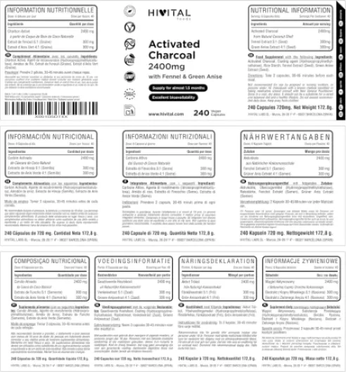 Charbon Actif 2400 mg - 240 gélules végétaliennes pour 4 mois de traitement - Charbon Actif naturel de Noix de Coco avec Fenouil et Anis Vert - Fabriqué en Europe par HIVITAL