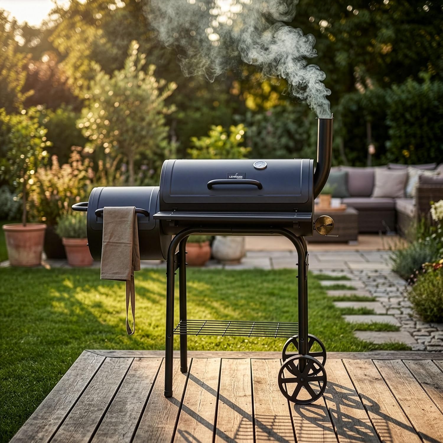 Barbecue Charbon de Bois et Fumoir 2 en 1, Grille de Cuisson XXL, Couvercle avec Thermomètre et Poignée non Chauffante, Tablette Pliable & Étagère inférieure, BBQ mobile avec 2 Roues