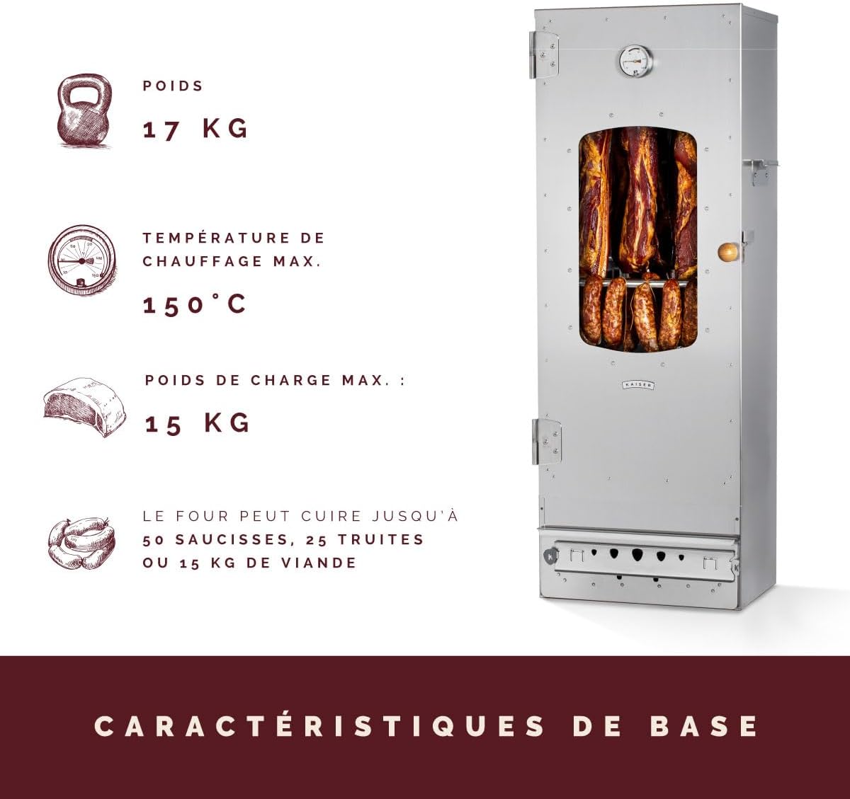 Fumoir de haute qualité KAISER COMPANY '100' l Ce fumoir est fabriqué en acier inoxydable I Fumoir portable de 110 cm I Il peut accueillir jusqu'à 15 kg de viande I Chauffage au bois Charbon de bois