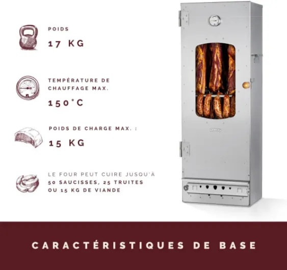 Fumoir de haute qualité KAISER COMPANY '100' l Ce fumoir est fabriqué en acier inoxydable I Fumoir portable de 110 cm I Il peut accueillir jusqu'à 15 kg de viande I Chauffage au bois Charbon de bois