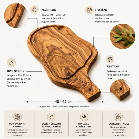 Planche Apéro en Bois d'Olivier avec Manche 40cm - Plateau Présentation Charcuterie Fromage Tapas - Fait Main - Idée Cadeau Cuisine Originale