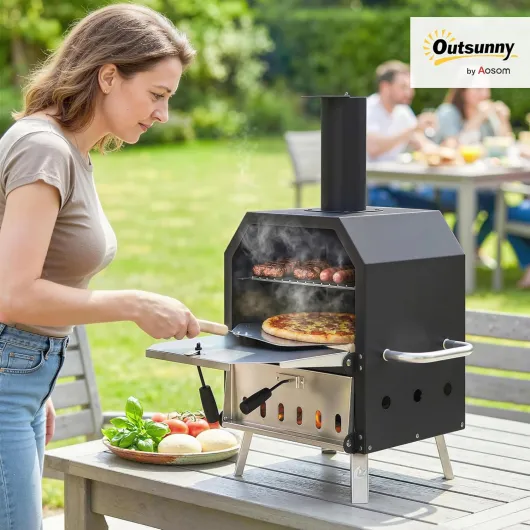 Four à Pizza Extérieur à Bois et Charbon - Combiné Barbecue Fumoir 2 Étages avec Pierre de 30 cm et Pelle - Portable avec Pieds Pliables pour Camping Jardin Terrasse, Noir