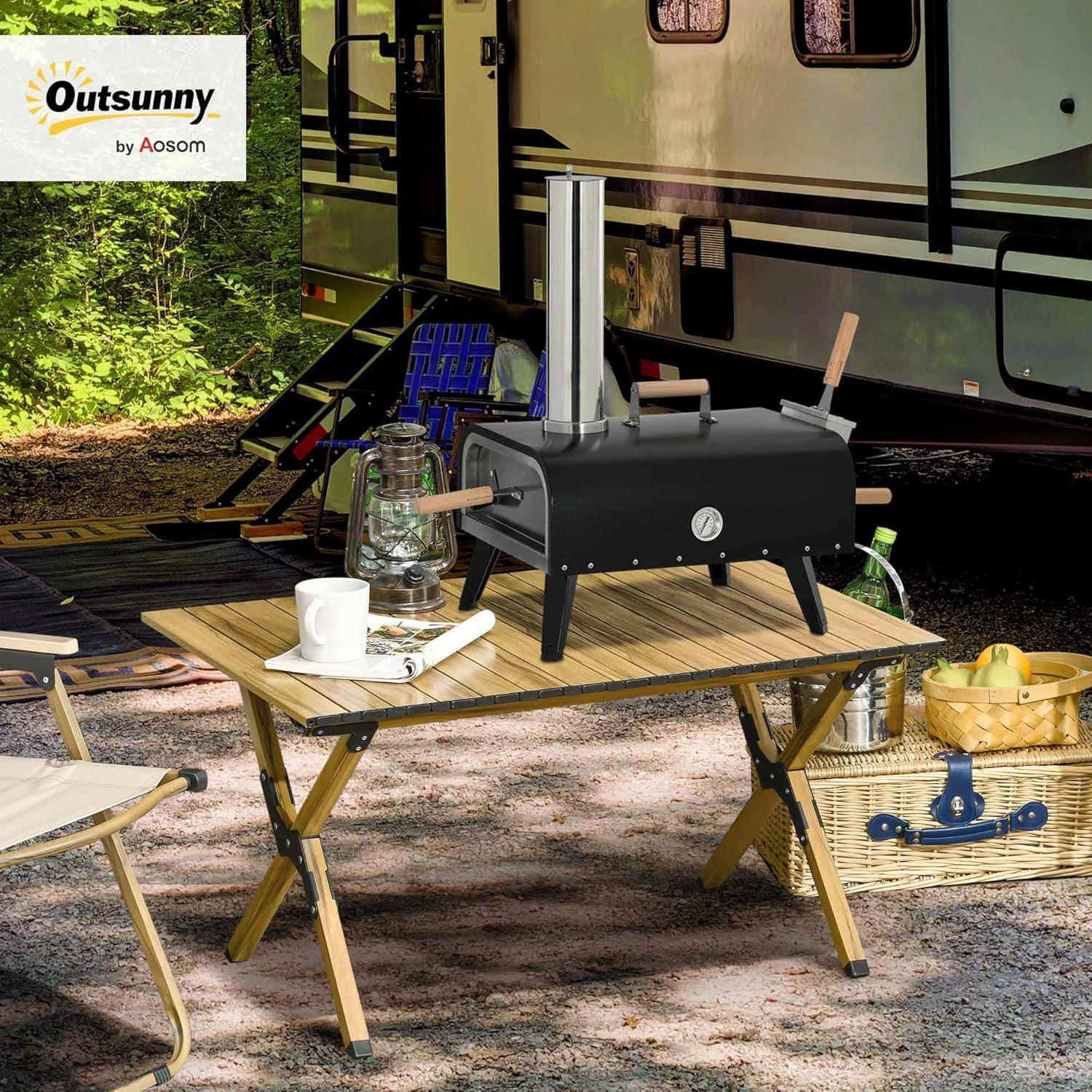 Four à pizza extérieur au feu de bois avec pelle à pizza, pierre de 30 cm et couvercle étanche - transportable, pieds pliables cheminée amovible pour jardin, terrasse, camping