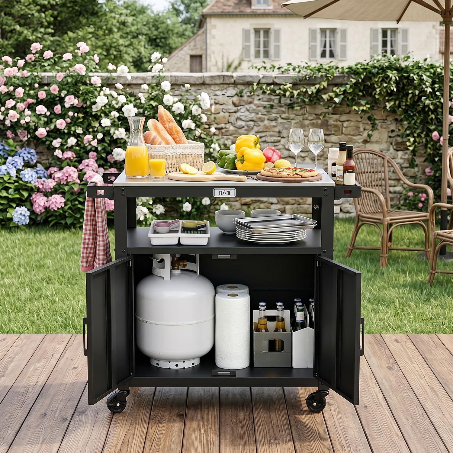 Chariot pour Barbecue avec Armoire de Rangement, Desserte Plancha avec Plateau en Acier INOX sur 4 Roues Directionnelles, pour Jardin, Terrasse ou Cuisine Exterieure, 100x45x88 cm