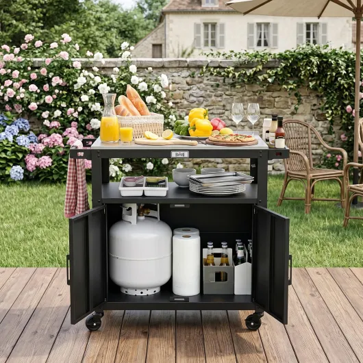 Chariot pour Barbecue avec Armoire de Rangement, Desserte Plancha avec Plateau en Acier INOX sur 4 Roues Directionnelles, pour Jardin, Terrasse ou Cuisine Exterieure, 100x45x88 cm