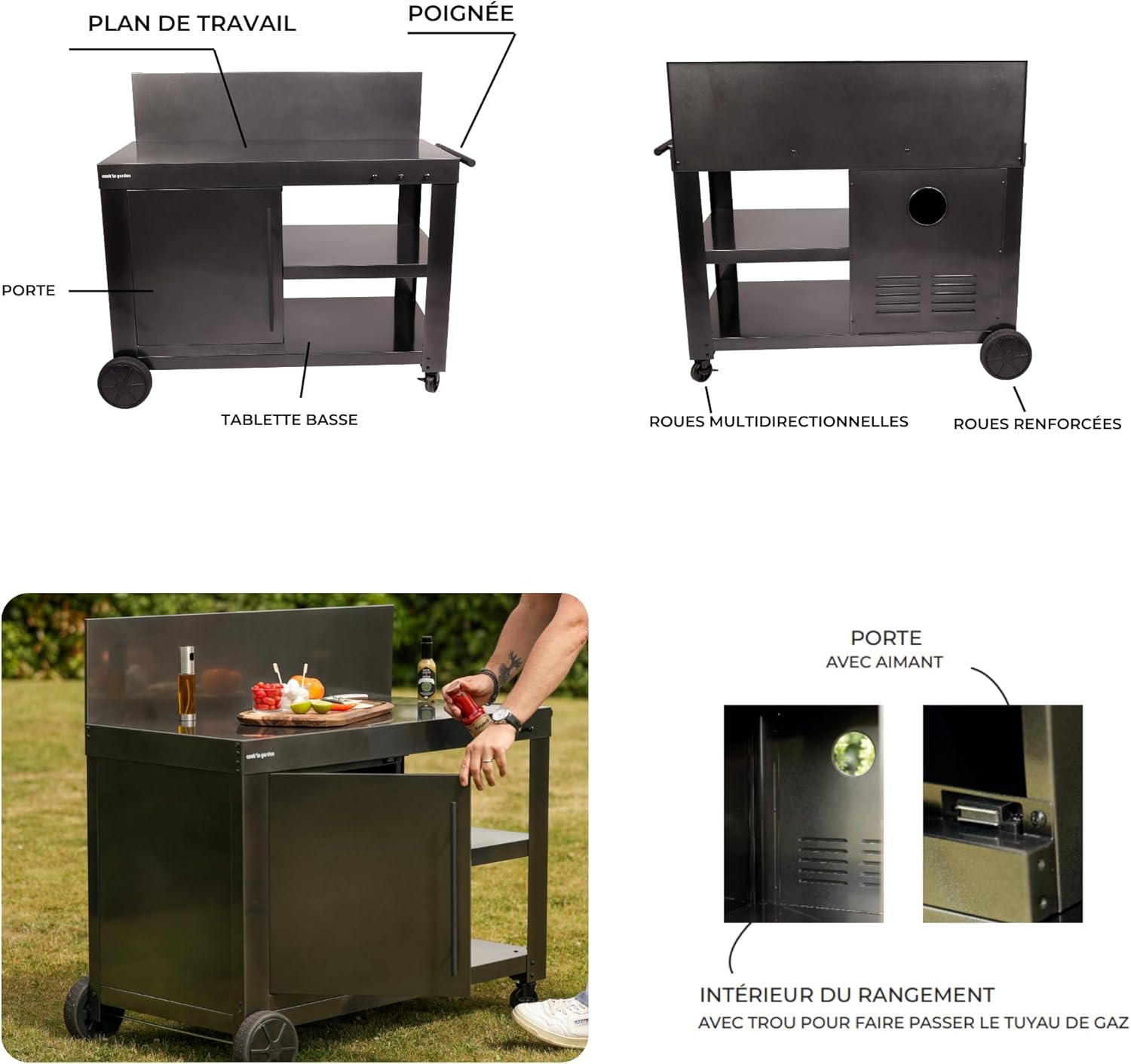 Cook'in garden - Desserte Nova 110 Premium, Grand Chariot de Jardin avec Plan de Travail, Meuble sur roulettes Facile à Déplacer, Support Idéal pour Plancha ou Barbecue, Noir