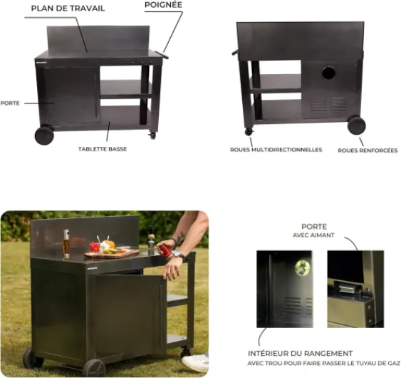 Cook'in garden - Desserte Nova 110 Premium, Grand Chariot de Jardin avec Plan de Travail, Meuble sur roulettes Facile à Déplacer, Support Idéal pour Plancha ou Barbecue, Noir