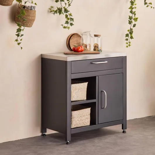 Sweeek - Meuble de cuisine extérieure en acier L80cm avec 1 tiroir - 1 porte et 2 étagères de rangement