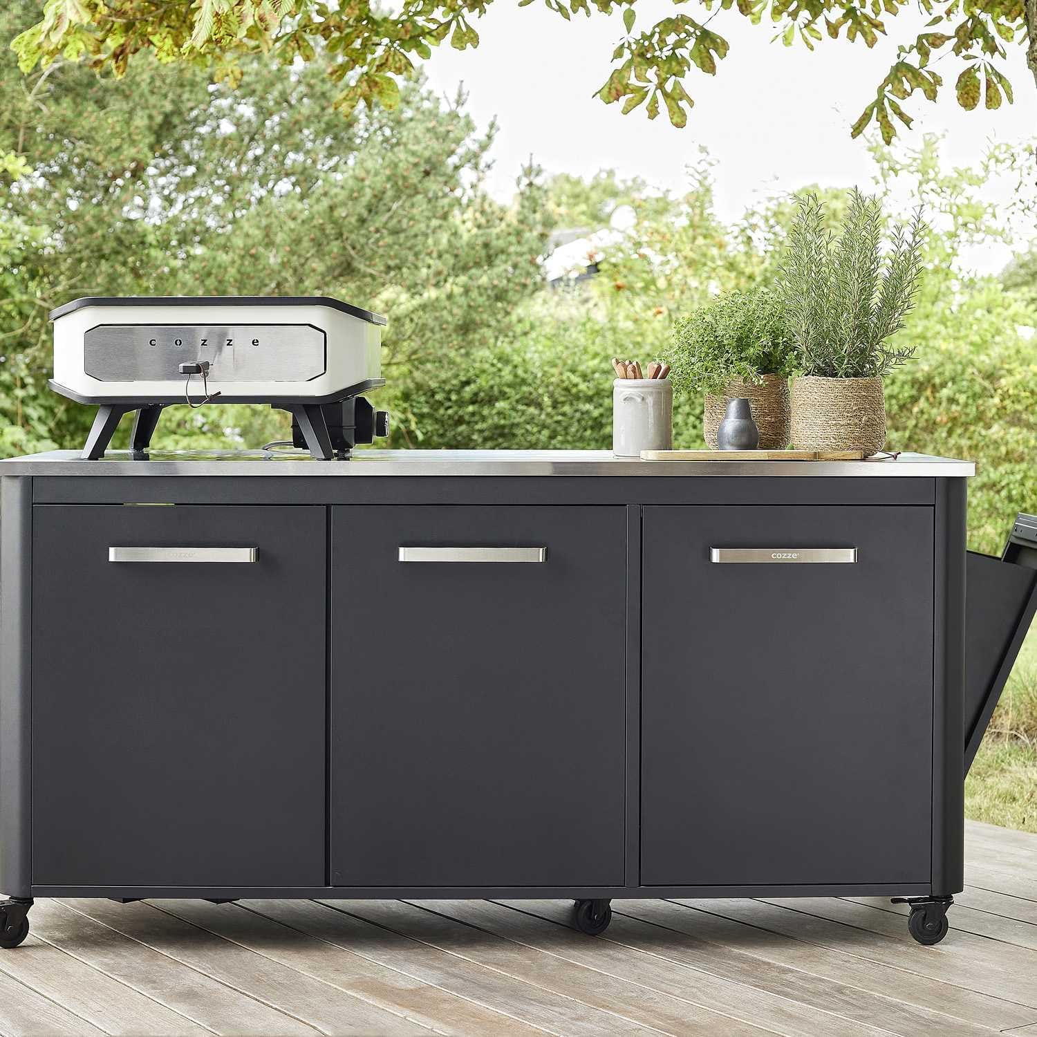 ® Cuisine d’extérieur 180 avec Plan de Travail INOX – Module Cuisine extérieur modulable, 3 Portes, Poubelle intégrée, Support 2 Bouteilles de gaz, 6 roulettes, Charge 150 kg 3 portes B180 x T60 x H90 cm