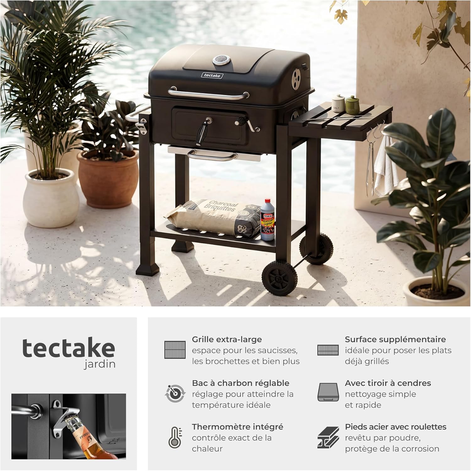 ® Barbecue au Charbon de bois 110x64x104 cm, Bac à charbon réglable en hauteur, Tiroir à cendres, 4 Volets d'aération, Thermomètre, 2 roues, Grilles, Tablette latérale rabattable, 3 crochets
