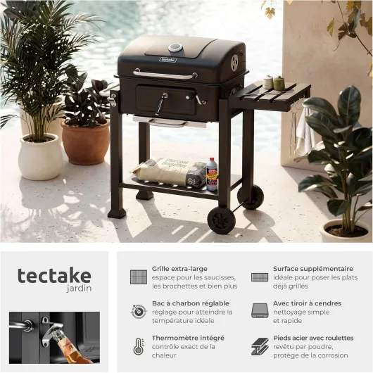 ® Barbecue au Charbon de bois 110x64x104 cm, Bac à charbon réglable en hauteur, Tiroir à cendres, 4 Volets d'aération, Thermomètre, 2 roues, Grilles, Tablette latérale rabattable, 3 crochets