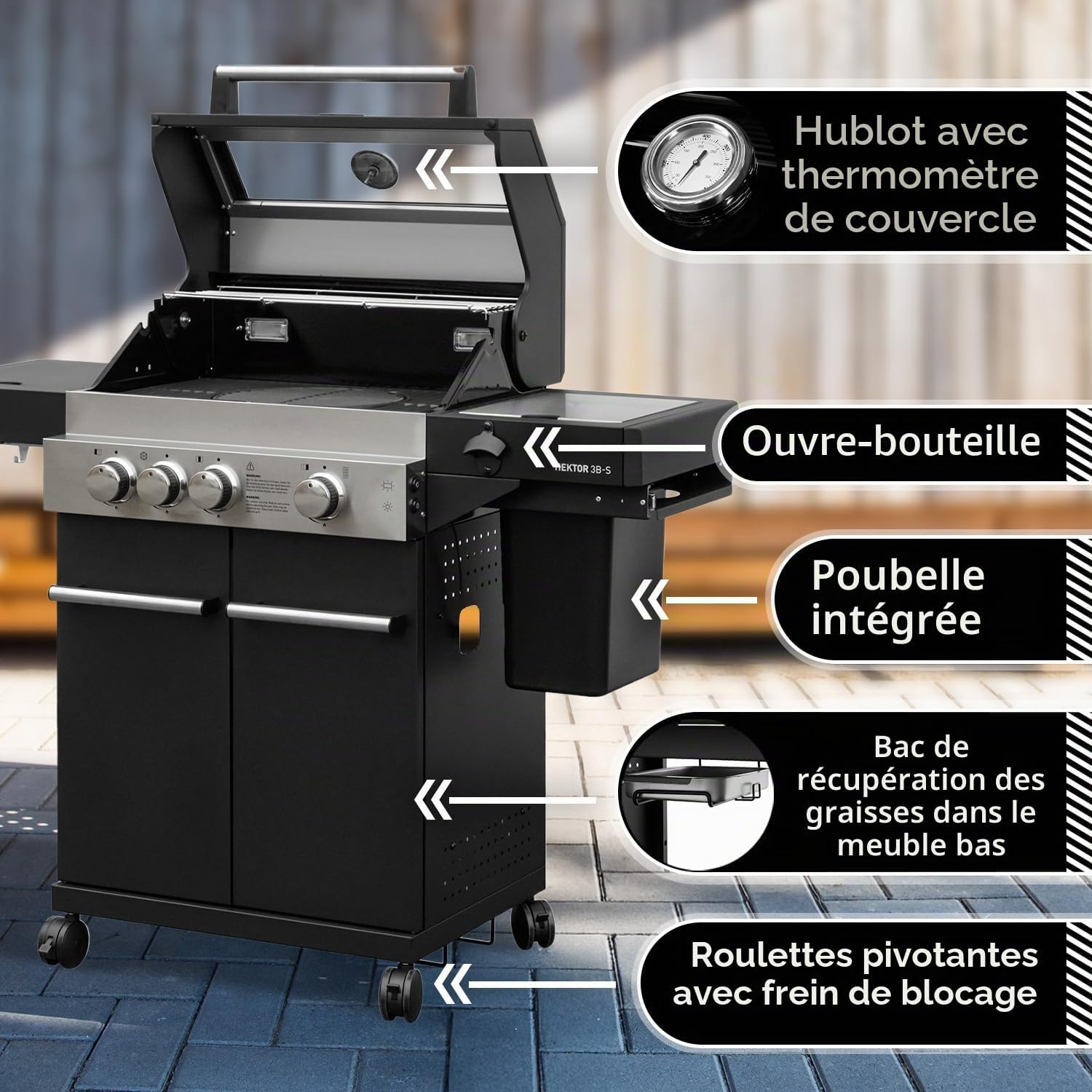 Barbecue à gaz Feuergott Hector 3B-S incl - broche rotative et housse de protection avec 3 brûleurs, brûleur Sear, grille de cuisson en fonte, réchaud latéral, fenêtre de vision et thermomètre pour Avec Kit de Rôtisserie 3-flammig