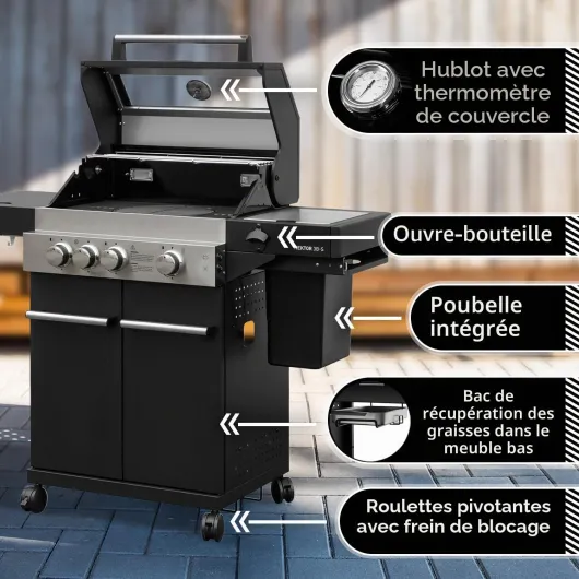 Barbecue à gaz Feuergott Hector 3B-S incl - broche rotative et housse de protection avec 3 brûleurs, brûleur Sear, grille de cuisson en fonte, réchaud latéral, fenêtre de vision et thermomètre pour Avec Kit de Rôtisserie 3-flammig