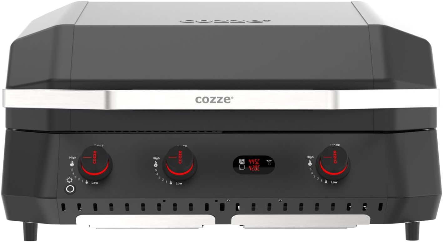 Cozze® G-800 COMBO Plancha-Grill – 3 Brûleurs – 9,5 kW – Grill + Plancha en Fonte Émaillée – 50mbar – Régulateur Inclus – Barbecue Gaz Haute Performance